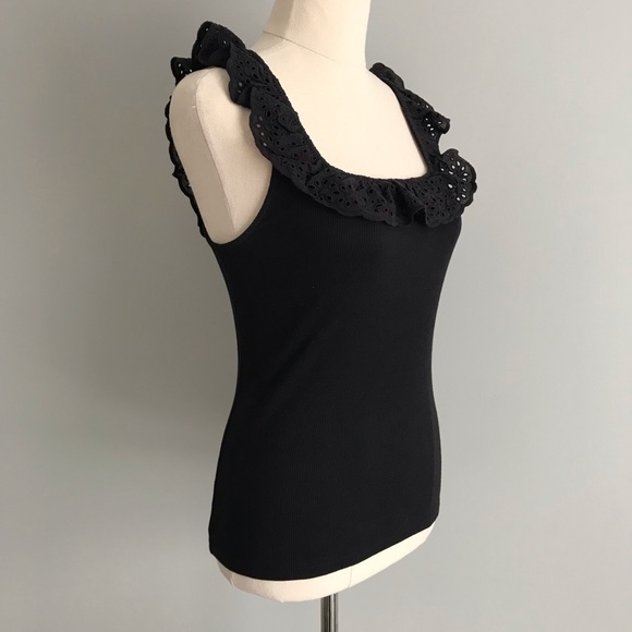 H&M Sleeveless Ribbed Tank Black Broderie Anglaise Lace Ruffled Neckline - Picture 4 of 11